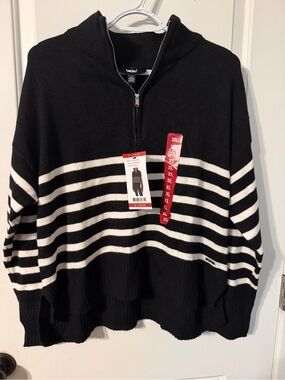 DKNY Black and White Striped Half-Zip Sweater